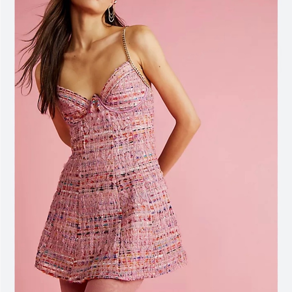 Elegant Pink Tweed Dress with Chain Straps